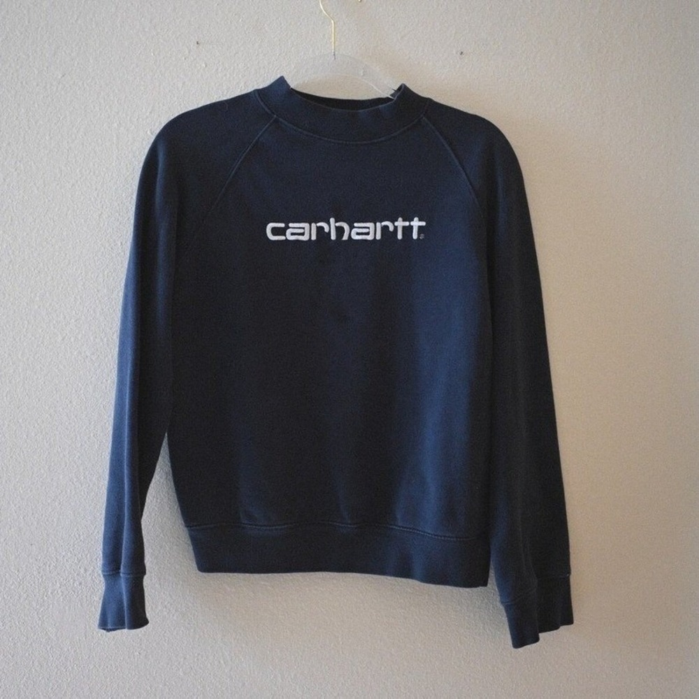 Vintage Carhartt Navy Raglan Sweatshirt 90s Workwear Logo Pullover XS S